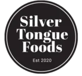 Logo: Black circle with text that reads Silver Tongue Foods established in 2020